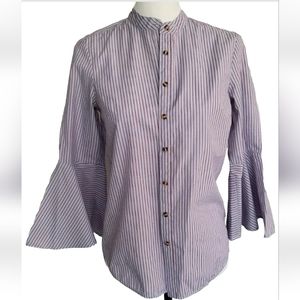 Maeve Anthropologie Striped Blouse Button Up Office Academia Flared Sleeves Sz 2